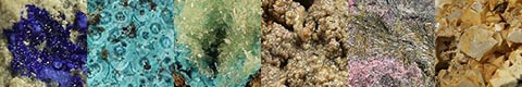 gallery of aërinite, agrellite, bariandite, bayldonite, callaghanite, carpholite, cavansite, falkmanite, guanajuatite, hausmannite, liroconite, mansfieldite, mcguinnessite, metavariscite, nickelskutterudite, perovskite, redledgeite, santaclaraite, sénarmontite, senegalite, tsumcorite, zincite, and zunyite